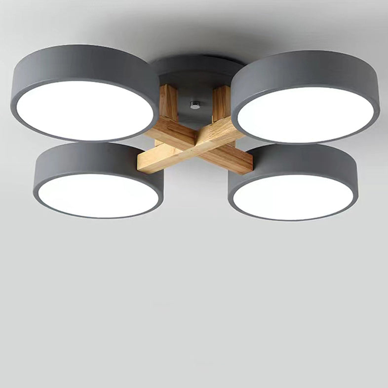 Modern Minimalist Multi Round Iron Wood Acrylic LED Semi-Flush Mount Ceiling Light For Living Room