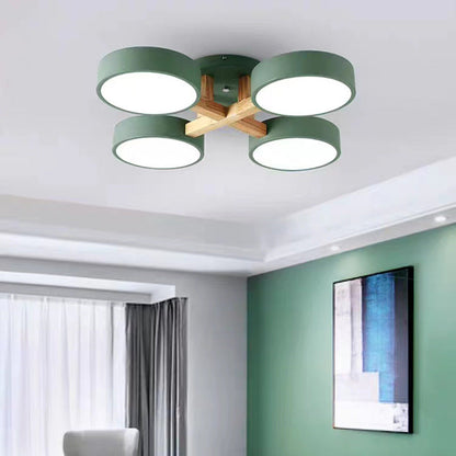 Modern Minimalist Multi Round Iron Wood Acrylic LED Semi-Flush Mount Ceiling Light For Living Room