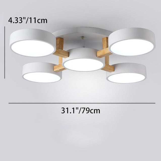 Modern Minimalist Multi Round Iron Wood Acrylic LED Semi-Flush Mount Ceiling Light For Living Room