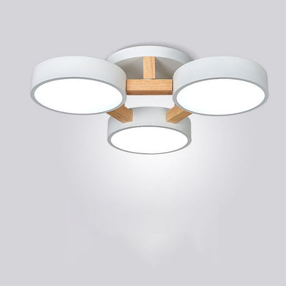 Modern Minimalist Multi Round Iron Wood Acrylic LED Semi-Flush Mount Ceiling Light For Living Room