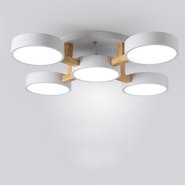 Modern Minimalist Multi Round Iron Wood Acrylic LED Semi-Flush Mount Ceiling Light For Living Room