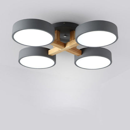 Modern Minimalist Multi Round Iron Wood Acrylic LED Semi-Flush Mount Ceiling Light For Living Room