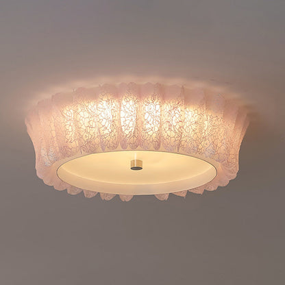 Contemporary Nordic Round Lace Iron Frame PVC Shade LED Flush Mount Ceiling Light For Bedroom