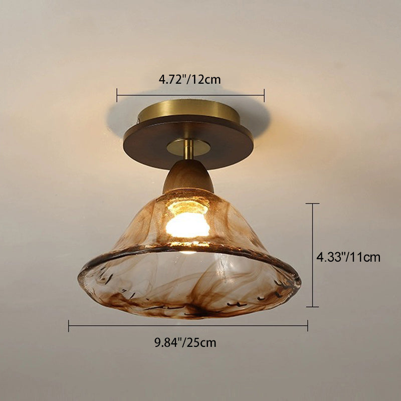 Modern Mid-Century Round Quadrilateral Lace Rubber Wood Iron Glass 1-Light Semi-Flush Mount Ceiling Light For Living Room