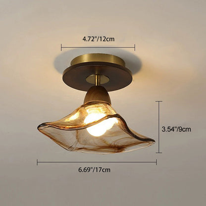 Modern Mid-Century Round Quadrilateral Lace Rubber Wood Iron Glass 1-Light Semi-Flush Mount Ceiling Light For Living Room