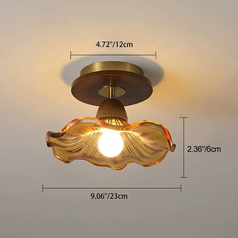 Modern Mid-Century Round Quadrilateral Lace Rubber Wood Iron Glass 1-Light Semi-Flush Mount Ceiling Light For Living Room