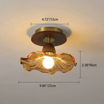 Modern Mid-Century Round Quadrilateral Lace Rubber Wood Iron Glass 1-Light Semi-Flush Mount Ceiling Light For Living Room