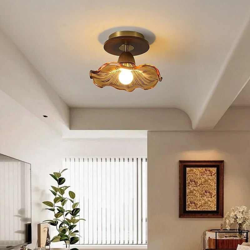 Modern Mid-Century Round Quadrilateral Lace Rubber Wood Iron Glass 1-Light Semi-Flush Mount Ceiling Light For Living Room