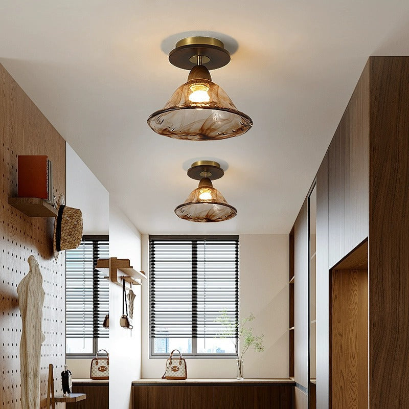 Modern Mid-Century Round Quadrilateral Lace Rubber Wood Iron Glass 1-Light Semi-Flush Mount Ceiling Light For Living Room
