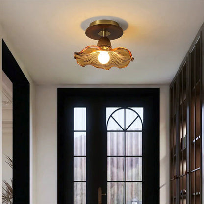 Modern Mid-Century Round Quadrilateral Lace Rubber Wood Iron Glass 1-Light Semi-Flush Mount Ceiling Light For Living Room