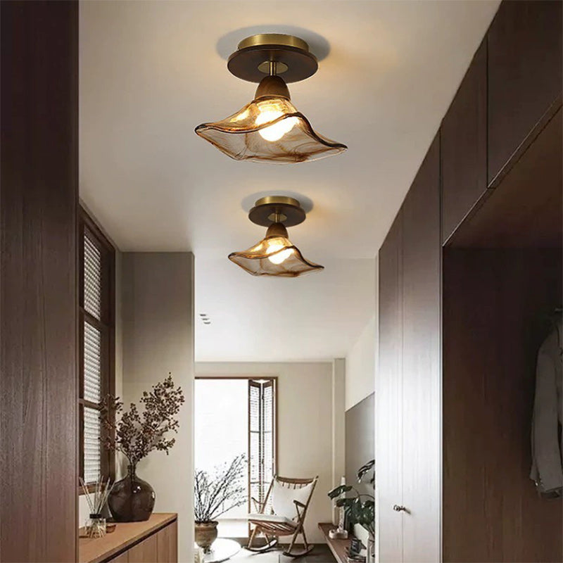 Modern Mid-Century Round Quadrilateral Lace Rubber Wood Iron Glass 1-Light Semi-Flush Mount Ceiling Light For Living Room