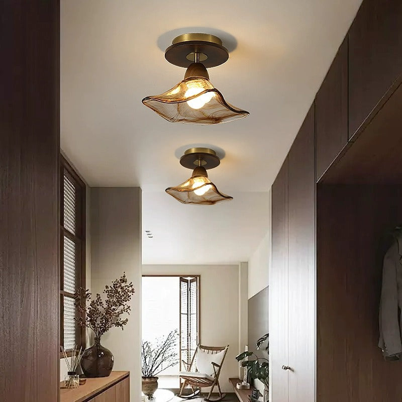 Modern Mid-Century Round Quadrilateral Lace Rubber Wood Iron Glass 1-Light Semi-Flush Mount Ceiling Light For Living Room