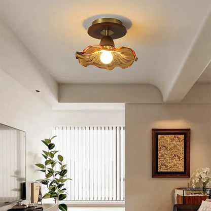 Modern Mid-Century Round Quadrilateral Lace Rubber Wood Iron Glass 1-Light Semi-Flush Mount Ceiling Light For Living Room