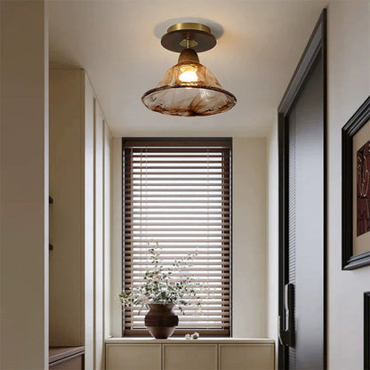 Modern Mid-Century Round Quadrilateral Lace Rubber Wood Iron Glass 1-Light Semi-Flush Mount Ceiling Light For Living Room