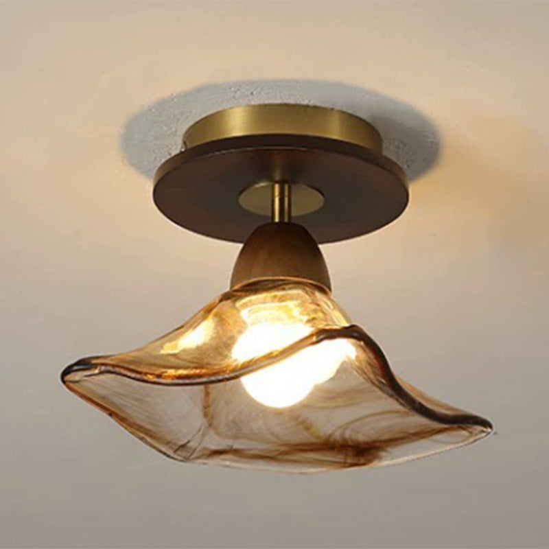 Modern Mid-Century Round Quadrilateral Lace Rubber Wood Iron Glass 1-Light Semi-Flush Mount Ceiling Light For Living Room