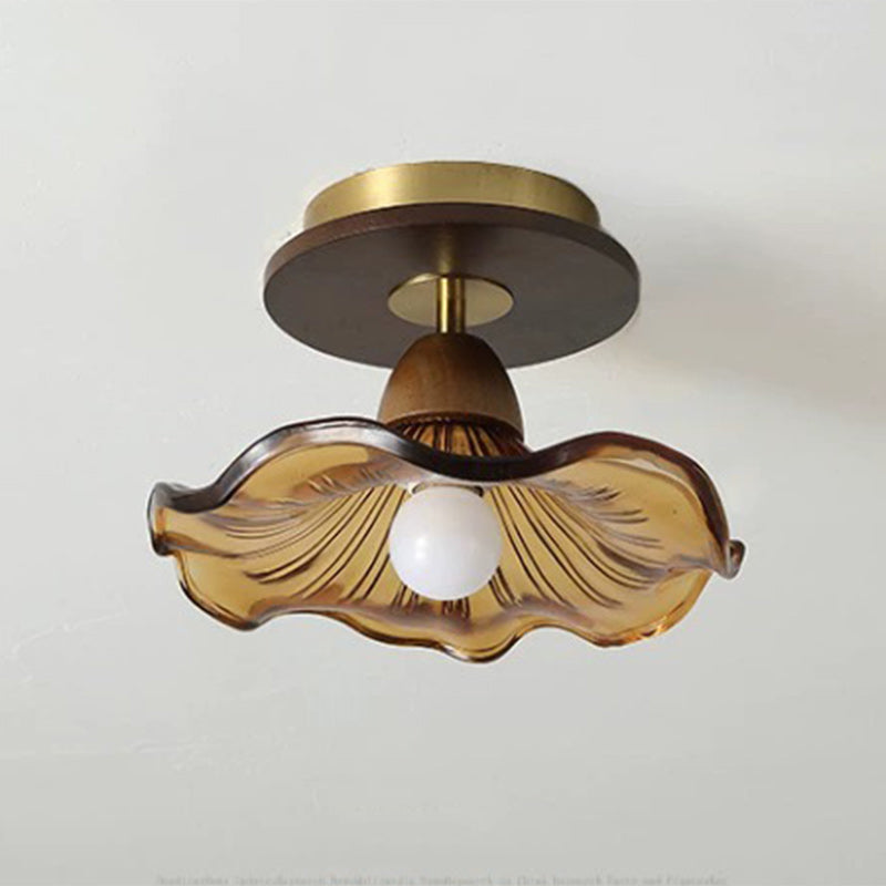 Modern Mid-Century Round Quadrilateral Lace Rubber Wood Iron Glass 1-Light Semi-Flush Mount Ceiling Light For Living Room