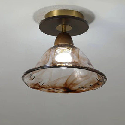 Modern Mid-Century Round Quadrilateral Lace Rubber Wood Iron Glass 1-Light Semi-Flush Mount Ceiling Light For Living Room
