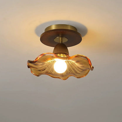 Modern Mid-Century Round Quadrilateral Lace Rubber Wood Iron Glass 1-Light Semi-Flush Mount Ceiling Light For Living Room