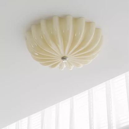Modern Mid-Century Cream Round Petal Hardware Glass LED Flush Mount Ceiling Light For Bedroom