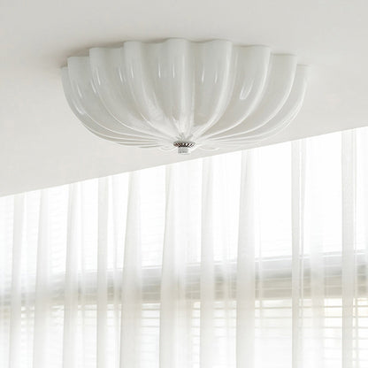 Modern Mid-Century Cream Round Petal Hardware Glass LED Flush Mount Ceiling Light For Bedroom
