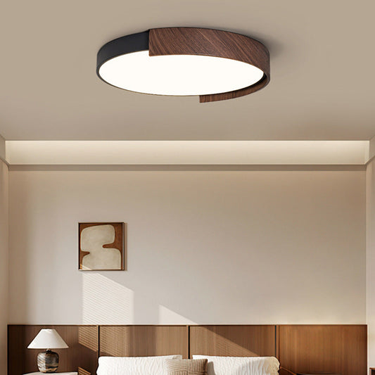 Contemporary Retro Round Wood Grain Iron Frame Acrylic LED Flush Mount Ceiling Light For Bedroom