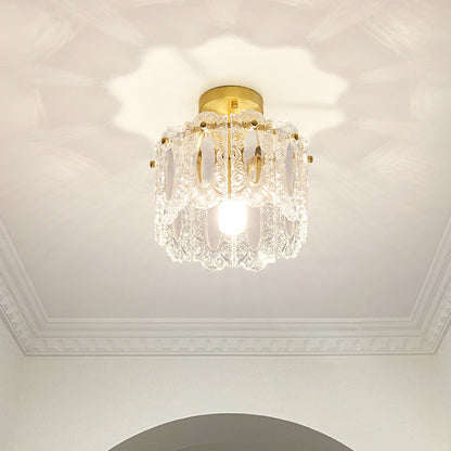 Traditional French Round Lace Full Copper Frame Glass Shade 1-Light Semi-Flush Mount Ceiling Light For Living Room