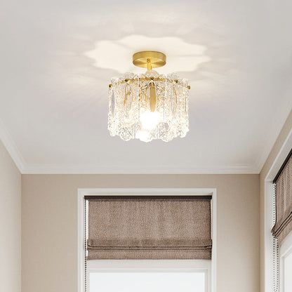 Traditional French Round Lace Full Copper Frame Glass Shade 1-Light Semi-Flush Mount Ceiling Light For Living Room