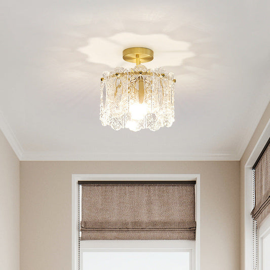 Traditional French Round Lace Full Copper Frame Glass Shade 1-Light Semi-Flush Mount Ceiling Light For Living Room
