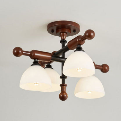 Traditional French Branch Round Bowl Lid Shape Hardware Wood Glass 4/6/8 Semi-Flush Mount Ceiling Light For Living Room