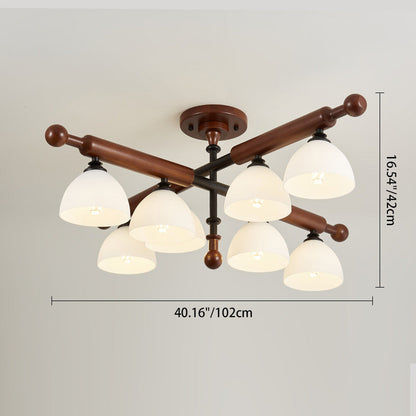 Traditional French Branch Round Bowl Lid Shape Hardware Wood Glass 4/6/8 Semi-Flush Mount Ceiling Light For Living Room