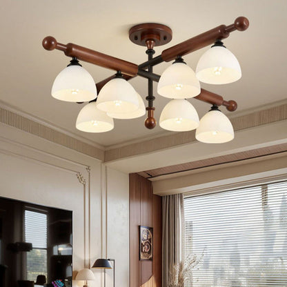 Traditional French Branch Round Bowl Lid Shape Hardware Wood Glass 4/6/8 Semi-Flush Mount Ceiling Light For Living Room