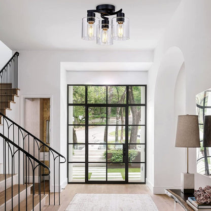 Modern Minimalist Cylinder Cup Shape Iron Glass 3-Light Semi-Flush Mount Ceiling Light For Living Room