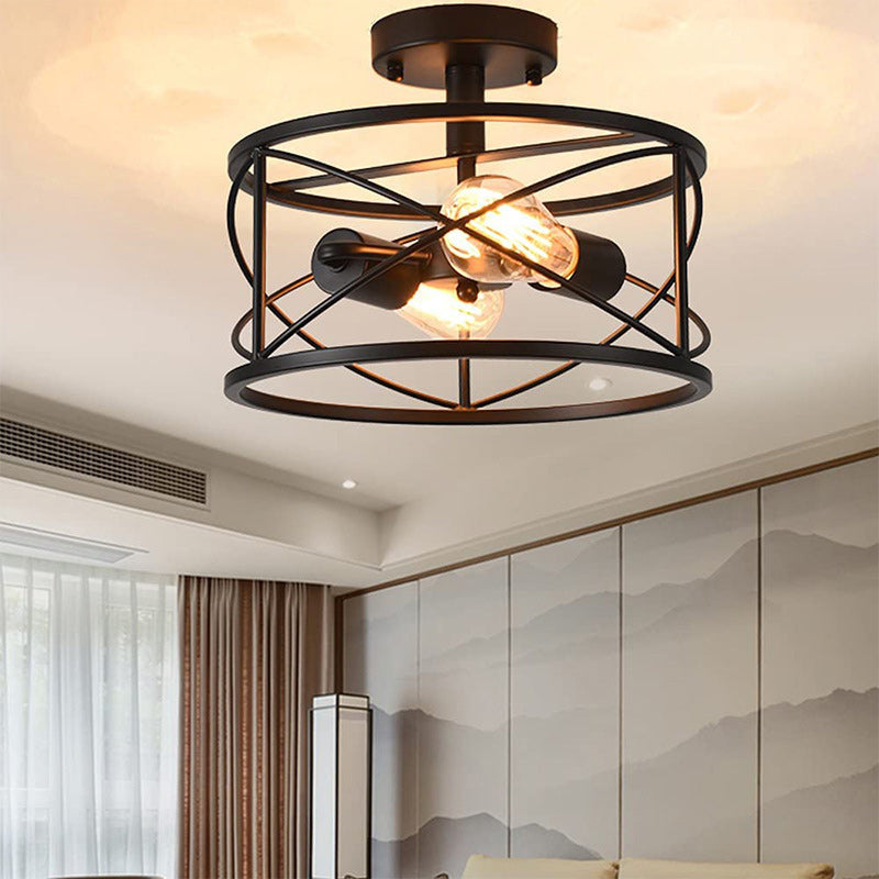 Contemporary Industrial Round Square Geometric Iron Wood Frame 2/4 Light Semi-Flush Mount Ceiling Light For Living Room