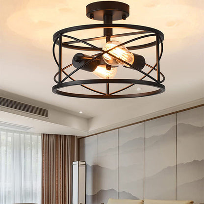 Contemporary Industrial Round Square Geometric Iron Wood Frame 2/4 Light Semi-Flush Mount Ceiling Light For Living Room