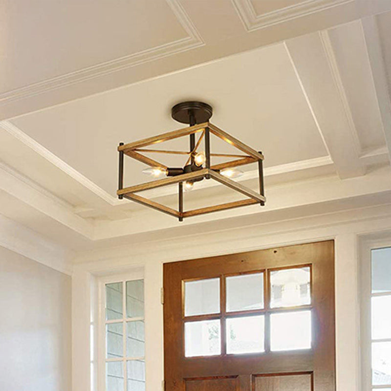 Contemporary Industrial Round Square Geometric Iron Wood Frame 2/4 Light Semi-Flush Mount Ceiling Light For Living Room