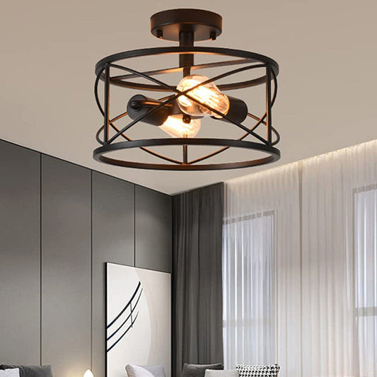 Contemporary Industrial Round Square Geometric Iron Wood Frame 2/4 Light Semi-Flush Mount Ceiling Light For Living Room