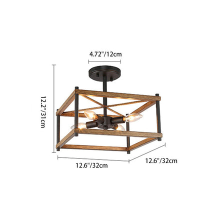 Contemporary Industrial Round Square Geometric Iron Wood Frame 2/4 Light Semi-Flush Mount Ceiling Light For Living Room