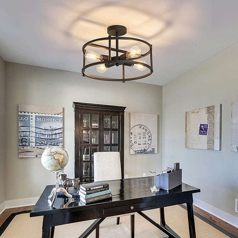 Contemporary Industrial Round Iron Frame 4-Light Semi-Flush Mount Ceiling Light For Living Room