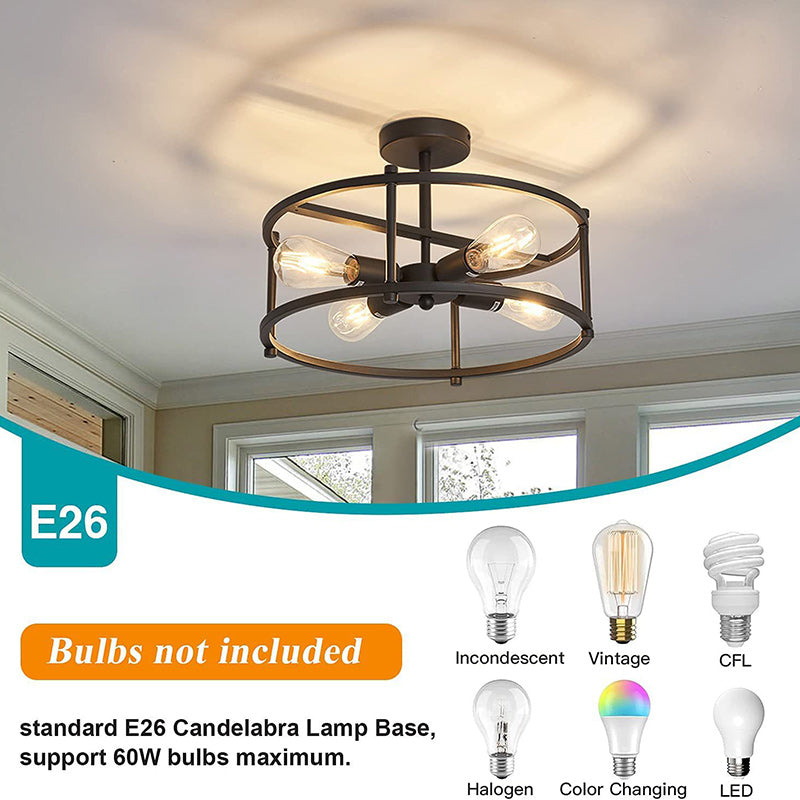 Contemporary Industrial Round Iron Frame 4-Light Semi-Flush Mount Ceiling Light For Living Room