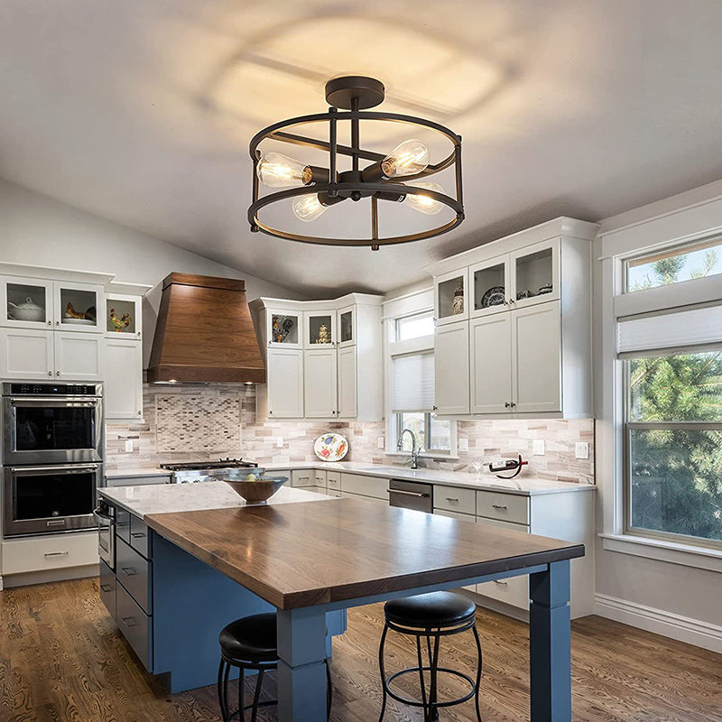 Contemporary Industrial Round Iron Frame 4-Light Semi-Flush Mount Ceiling Light For Living Room