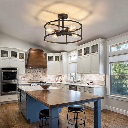 Contemporary Industrial Round Iron Frame 4-Light Semi-Flush Mount Ceiling Light For Living Room