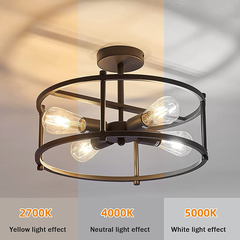 Contemporary Industrial Round Iron Frame 4-Light Semi-Flush Mount Ceiling Light For Living Room