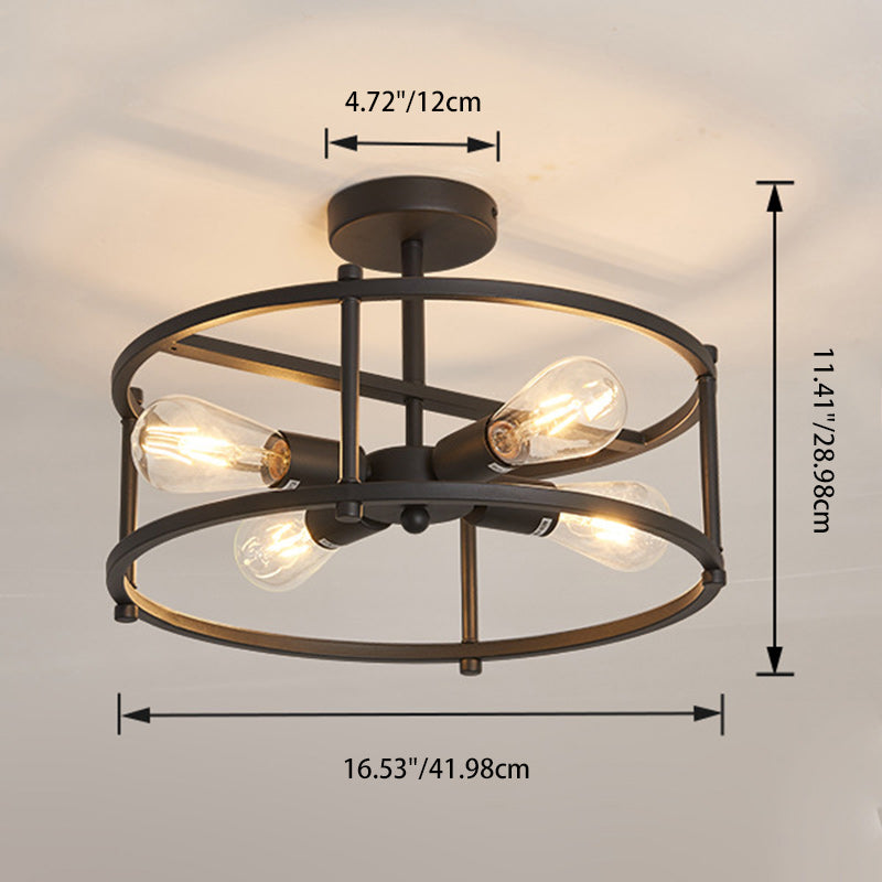 Contemporary Industrial Round Iron Frame 4-Light Semi-Flush Mount Ceiling Light For Living Room