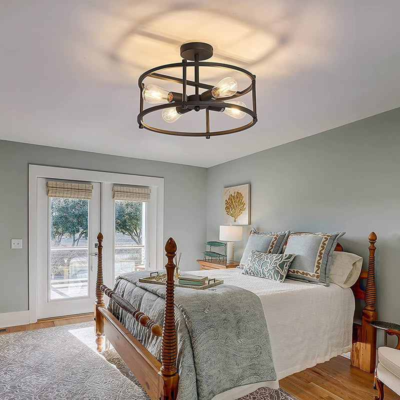 Contemporary Industrial Round Iron Frame 4-Light Semi-Flush Mount Ceiling Light For Living Room