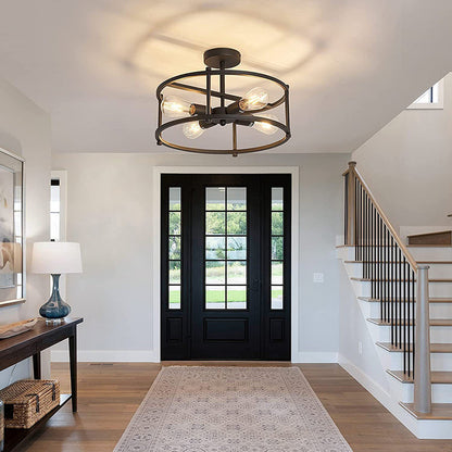 Contemporary Industrial Round Iron Frame 4-Light Semi-Flush Mount Ceiling Light For Living Room