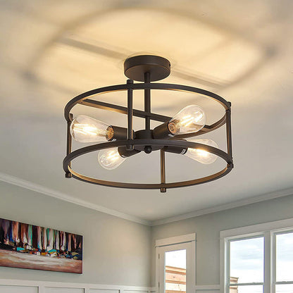 Contemporary Industrial Round Iron Frame 4-Light Semi-Flush Mount Ceiling Light For Living Room