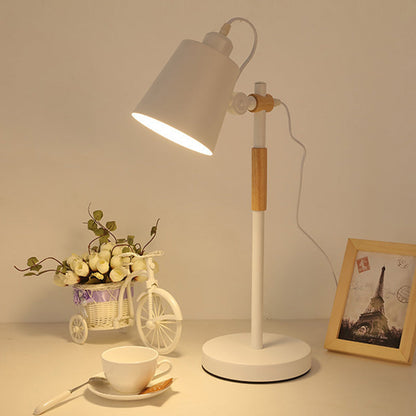 Modern Minimalist Cylinder Wood Hardware 1-Light Study Table Lamp For Bedroom