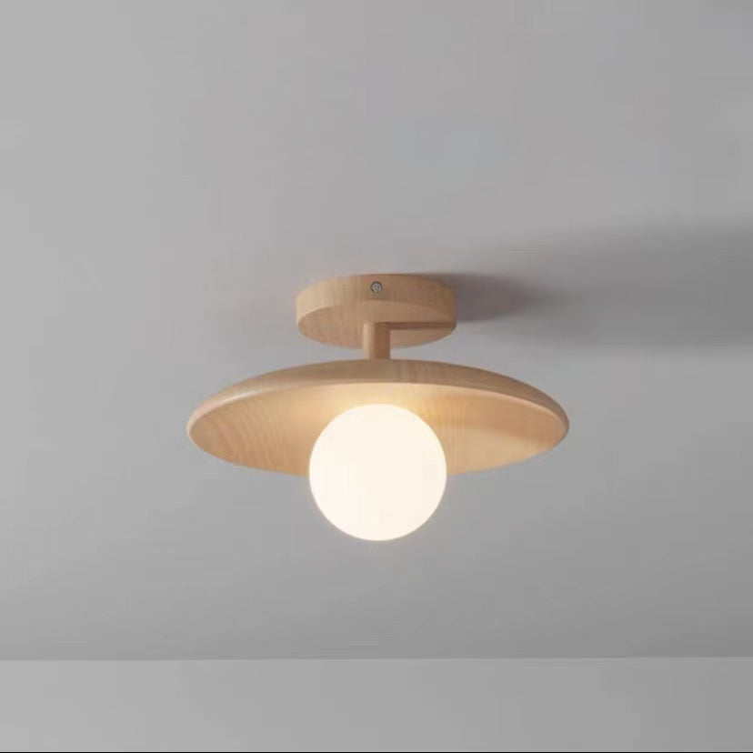 Contemporary Nordic Round Globe Wood Glass 1-Light Semi-Flush Mount Ceiling Light For Living Room