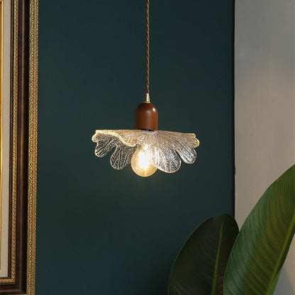 Traditional Vintage Floral Brass Wood Glass Shade 1-Light Pendant Light For Living Room