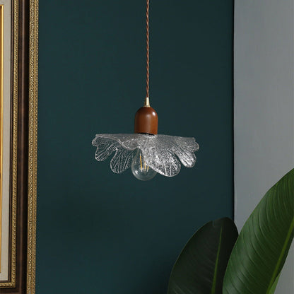 Traditional Vintage Floral Brass Wood Glass Shade 1-Light Pendant Light For Living Room